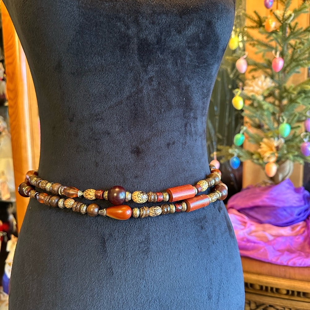Vintage Boho Wood Beaded Double Belt with Chain